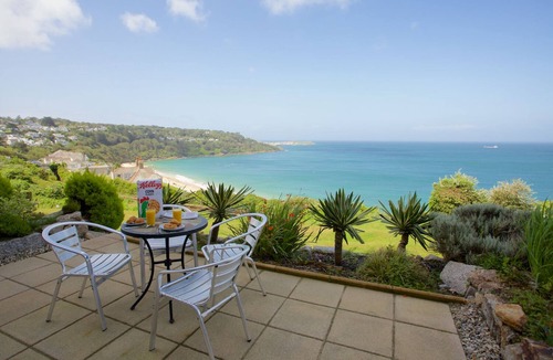 Carbis Bay Apartment | Prime seaside location, wonderful sea terrace and gardens, car parking, Wifi